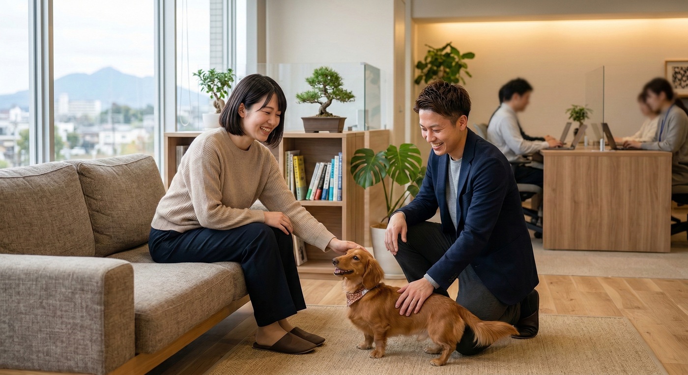オフィスで過ごす可愛い犬とスタッフ