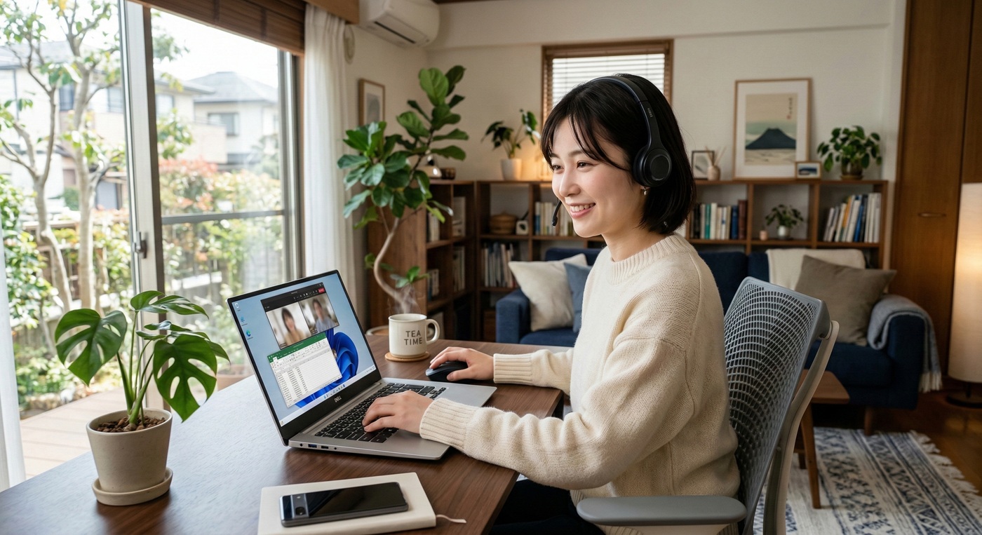 パソコンとヘッドセットで案内を行うスタッフ